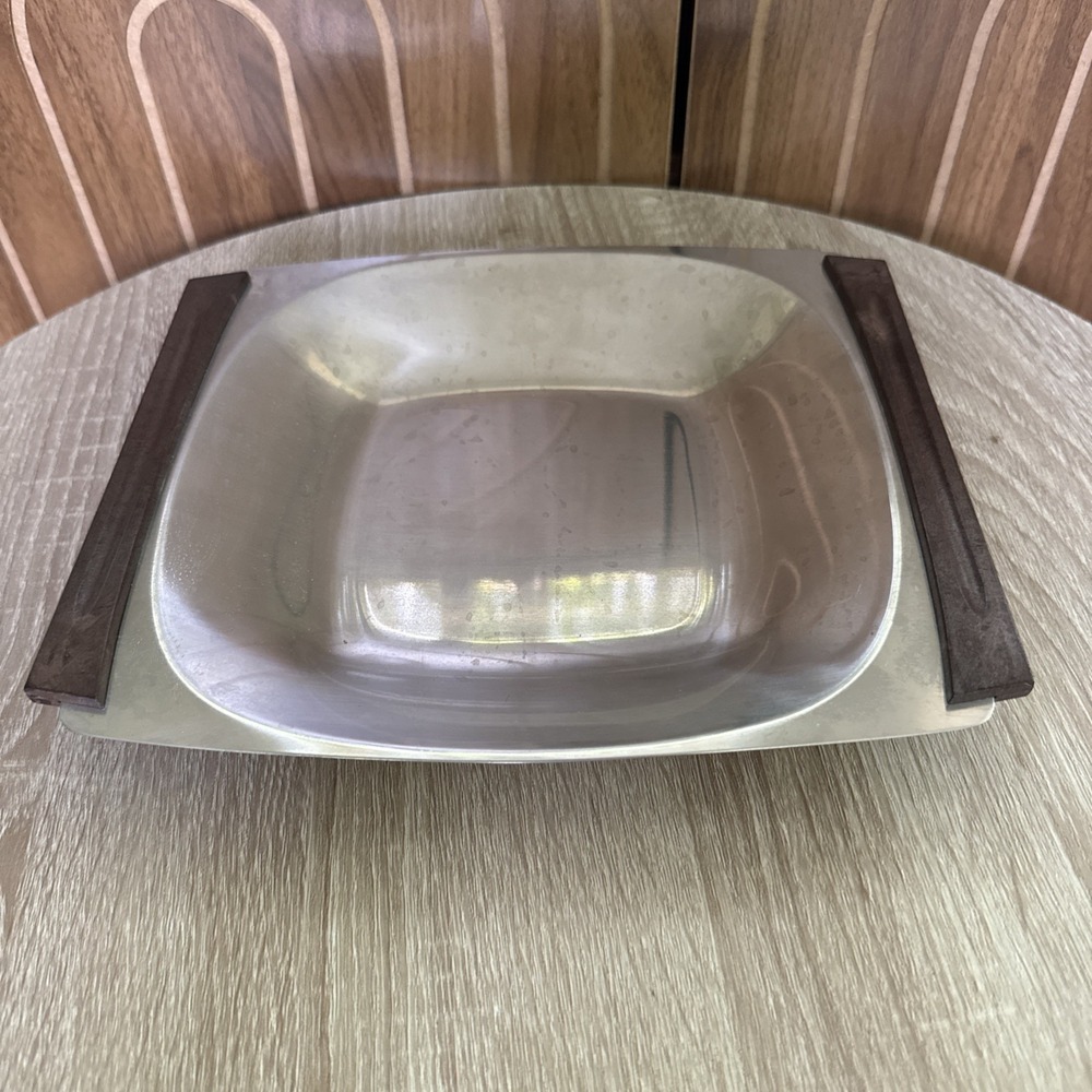 Vintage MCM Selandia Designs Denmark Stainless Steel Teak Tray Serving Dish